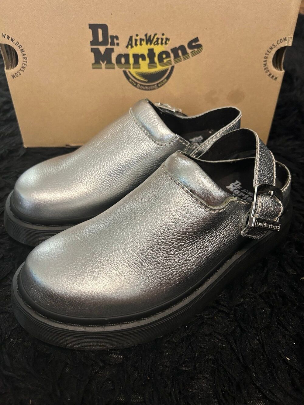 DR MARTENS Laketen Slingback Mules in Metallic Tumble Silver shoes women’s 8 new
